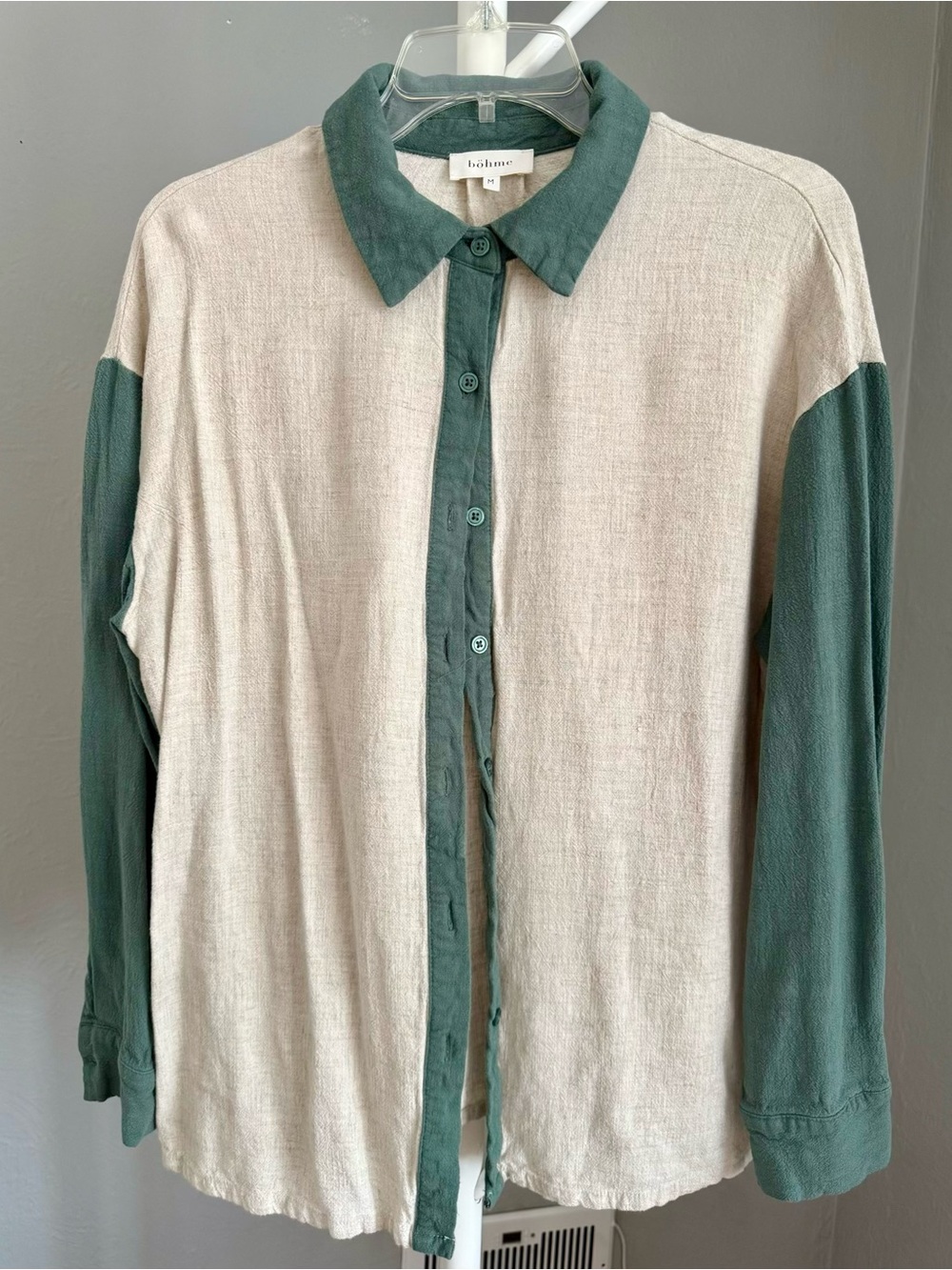bohme Cream Button-Down Shirt with Green Collar & Sleeves